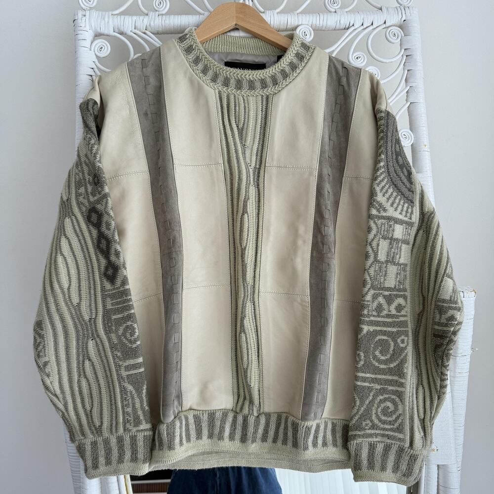 Vintage Saxony Collection Sweater Mens Medium Leather 3D Patchwork Cosby Hip Hop